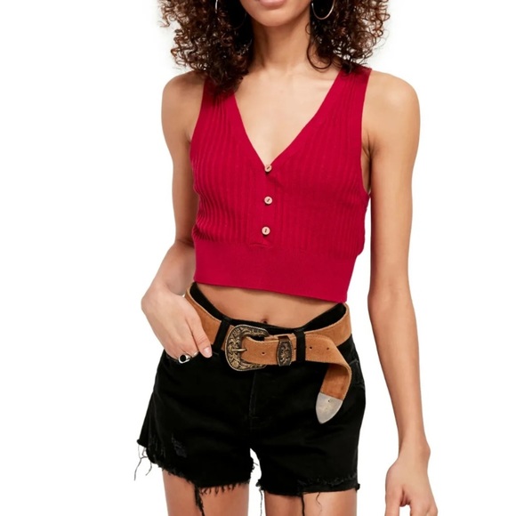 Free People Saturday Morning Cropped Knit Ribbed Top Size Large in Red N… - Picture 9 of 11
